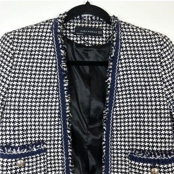 Zara NWOT black white & navy blue houndstooth textured tweed blazer jacket - Picture 6 of 9